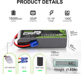 2 × OVONIC 3S Lipo Battery 15000mAh 130C 11.1V RC Lipo Battery with EC5 Plug
